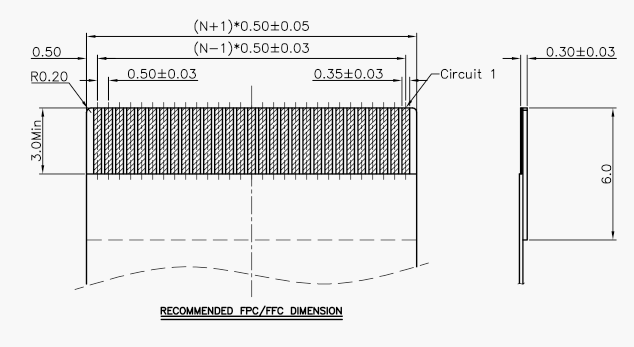 0.5間距H2.0翻蓋下接FPC連接器對應排線規格圖